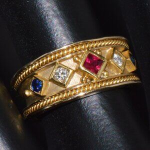 Gorgeous Natural Diamond Ruby Sapphire 18K Solid Gold Byzantine Beaded Band Ring